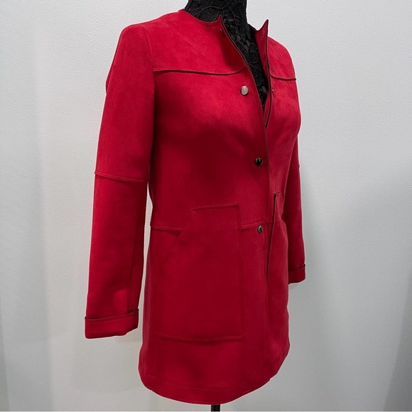 Red Faux Suede Stretch Snap Close Coat Collarless Jacket Pockets Travel - Picture 1 of 16